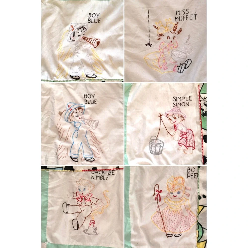 Vtg Nursery Rhyme Embroidered Quilt Reversible 101 Dalmatians Baby Blanket